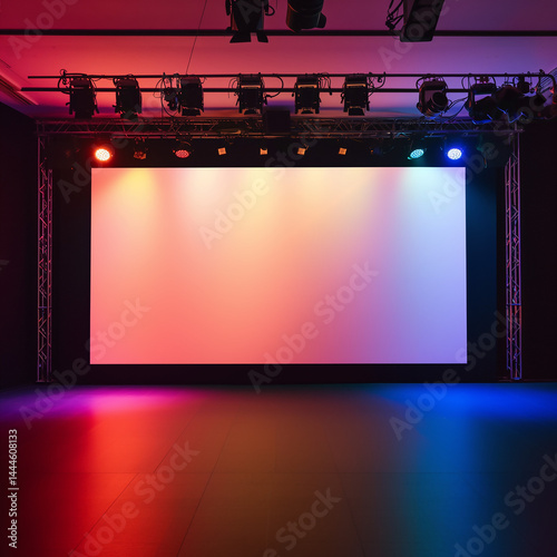 Mock-up d’écran de projection éclairé par des projecteurs rouges, bleus et violets dans une salle sombre, ambiance immersive adaptée au cinéma ou à un festival visuel avec espace négatif copyspace