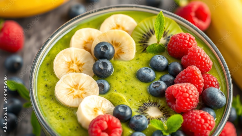 A vibrant green smoothie bowl is topped with fresh raspberries, blueberries, banana slices, and kiwi, perfect for a healthy breakfast.