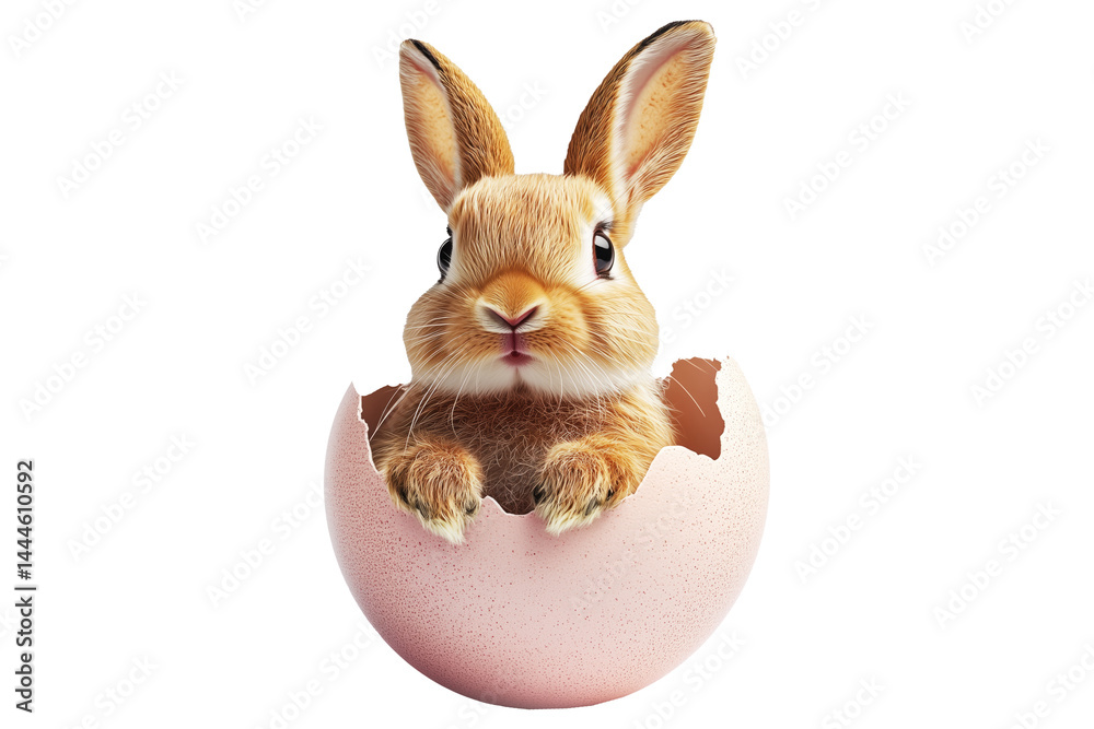 Fototapeta premium Adorable fluffy bunny peeking out from cracked egg isolated on white transparent background. Symbolizing Easter, spring, and new beginnings