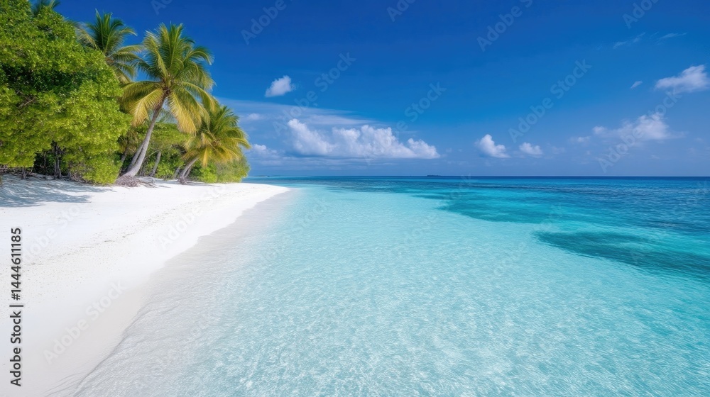 Fototapeta premium Tropical Beach Palm Trees Vivid High-resolution Panoramic View White Sand Tranquil Paradise Ocean Backdrop Bright Turquoise Travel Brochure with additional context for stock use