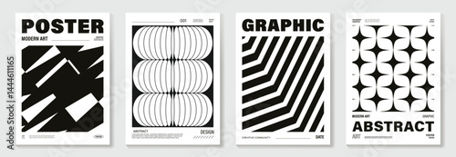 Abstract monochrome poster background vector set. Modern cover template with black and white perspective geometric prism shape, halftone dot, line. Ideal design for social media, banner, ads.
