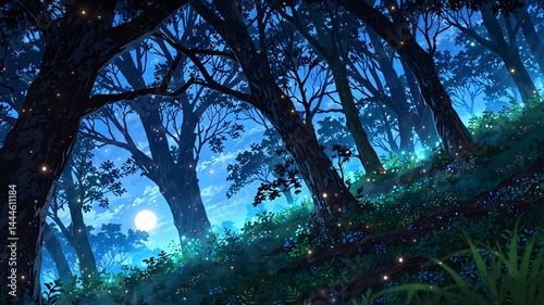 Mystical Forest Illustration at Night with Glowing Blue Light