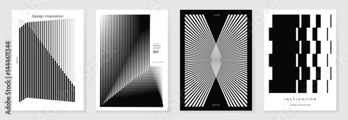 Abstract monochrome poster background vector set. Modern cover template with black and white perspective geometric prism shape, halftone dot, line. Ideal design for social media, banner, ads.