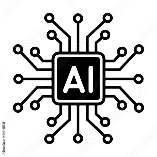 Minimal AI Chip with Circuit Lines.  Black and white vector illustration