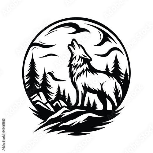 Howling Wolf Silhouette in Forest, Circular Design, Monochrome, Wild Animal Icon