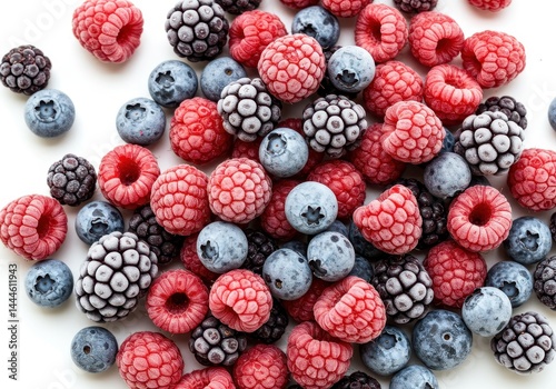 A close up view of a mix of frozen raspberries blueberries and blackberries on a white background