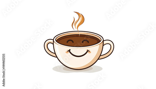 Cup of coffee with steam, with a shape like a smile, minimalist illustration, isolated on transparent background