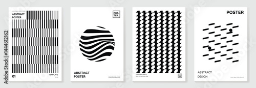Abstract monochrome poster background vector set. Modern cover template with black and white perspective geometric prism shape, halftone dot, line. Ideal design for social media, banner, ads.