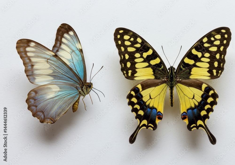 Fototapeta premium Two butterflies displayed against a white background with different wing patterns shown clearly