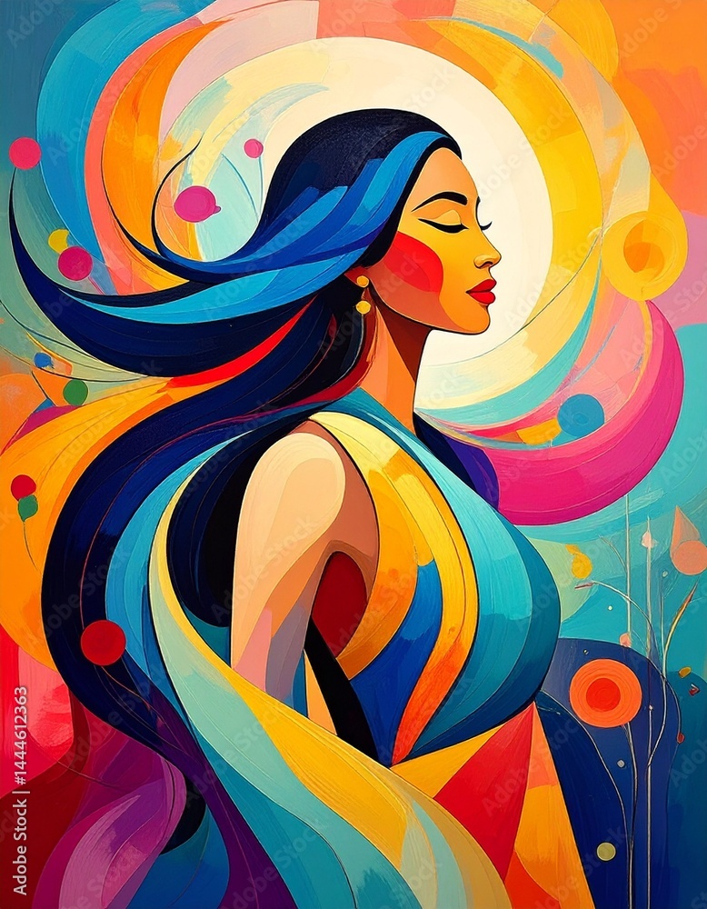 Naklejka premium Surreal painting of a modern woman in abstract form, flowing brush strokes, vibrant pastel tones, artistic texture, elegant wall art for living room