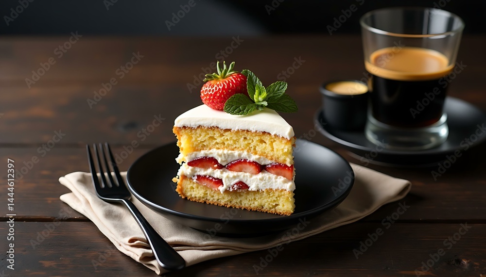 Delicious Strawberry Shortcake Slice with Coffee Delicious Strawberry Shortcake Slice with Coffee