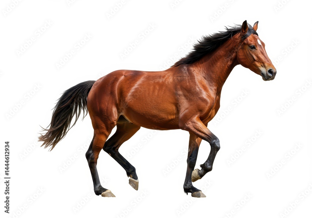 Obraz premium A brown horse with a black mane and tail is walking on a white background in a side profile view