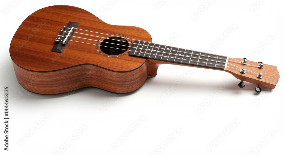 A close up shot of a brown ukulele lying on a white surface in a well lit studio environment A close up shot of a brown ukulele lying on a white surface in a well lit studio environment