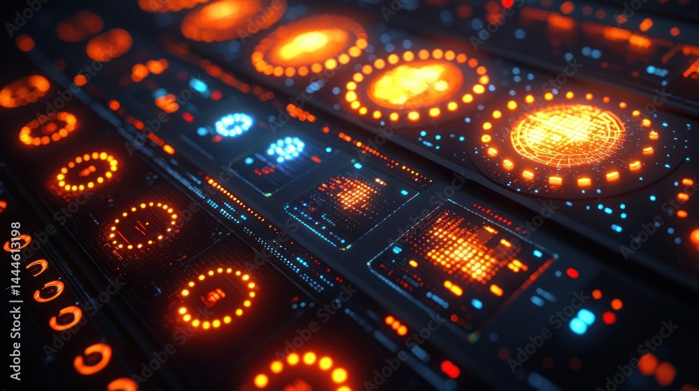 Glowing, detailed electronic panels with complex circuitry Glowing, detailed electronic panels with complex circuitry