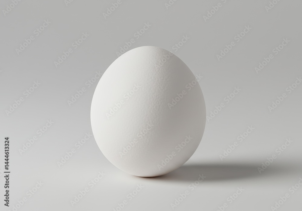 A single white egg standing upright on a white surface against a plain light gray background studio shot A single white egg standing upright on a white surface against a plain light gray background studio shot