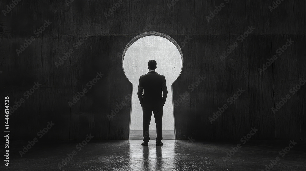 Obraz premium Silhouette of a businessman gazing through an oversized keyhole, illustrating vision, planning, and future success concepts