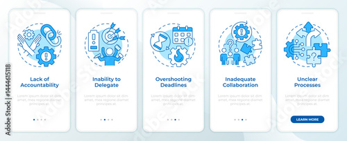 Workflow challenges blue onboarding mobile app screen. Team work. Walkthrough 5 steps editable graphic instructions with linear concepts. UI, UX, GUI. Montserrat SemiBold, Regular fonts used