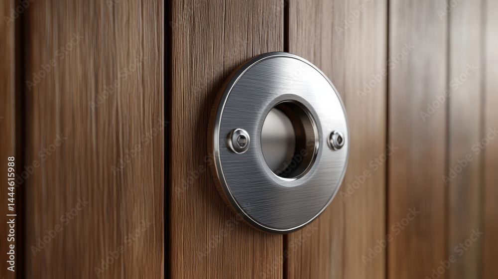 Stainless steel keyhole embedded in a wooden door, captured in close-up Stainless steel keyhole embedded in a wooden door, captured in close-up