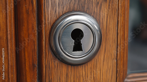 Stainless steel keyhole embedded in a wooden door, captured in close-up