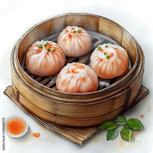 illustration of Dim Sum In A Bamboo Steamer, watercolor vector, isolated on a white background.