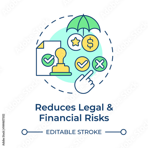 Reduces legal and financial risks multi color concept icon. Ensuring permissions. Benefit of consent management. Round shape line illustration. Abstract idea. Graphic design. Easy to use in article
