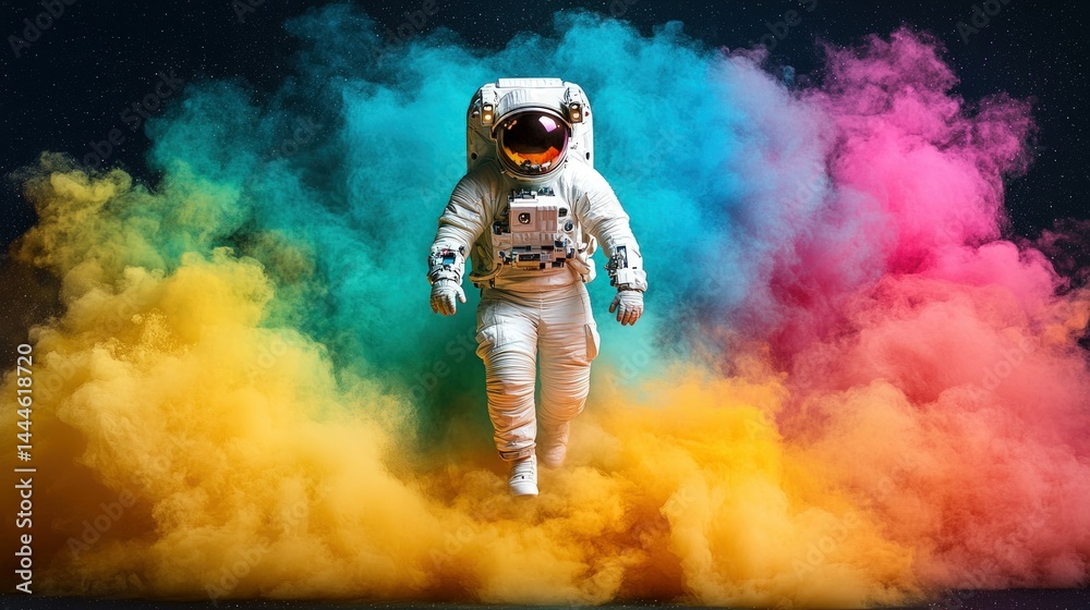 Fototapeta premium Astronaut floats amidst vibrant space nebula clouds