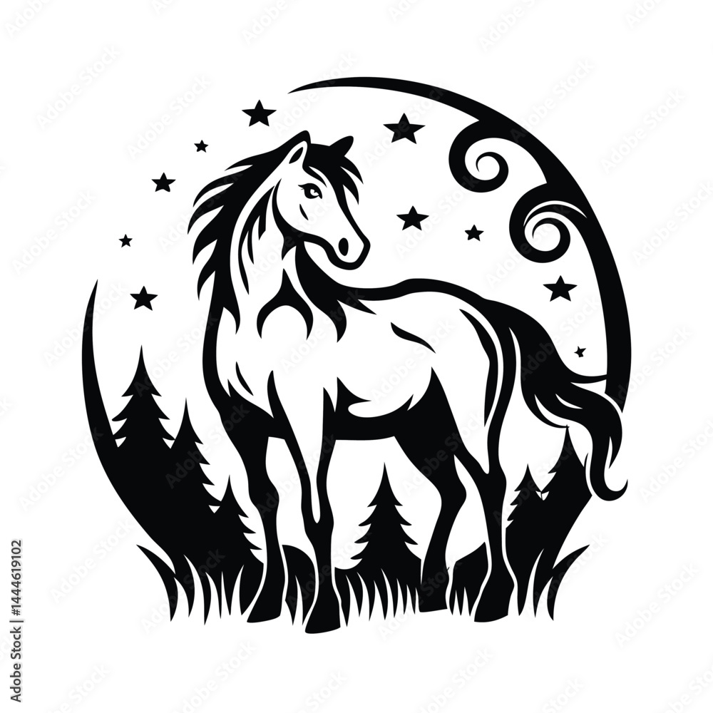 Obraz premium Black Horse Silhouette, Elegant Mane, Running Stallion, Isolated on White Background