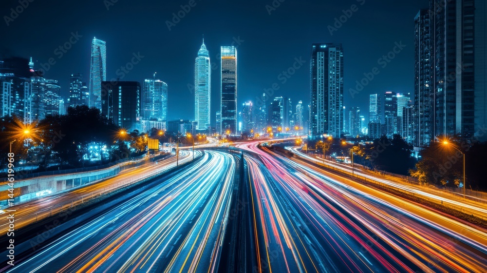 Fototapeta premium Night cityscape with light trails on highway. (1)