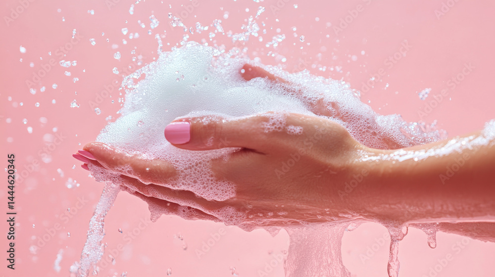 Fototapeta premium Woman washing her hands with soap against a colored background to promote hygiene