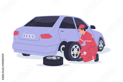 Illustration of Mechanic Changing Car Tire. Illustration for websites, landing pages, mobile apps, posters and banners