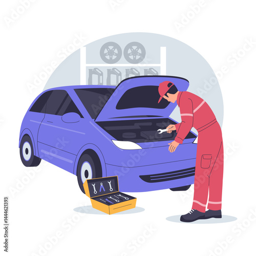 Car Mechanic Repairing Engine in Workshop. Illustration for websites, landing pages, mobile apps, posters and banners