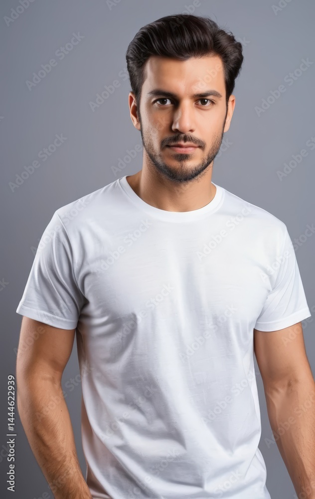 Fototapeta premium A cheerful man wearing a fitted white t-shirt stands confidently, smiling broadly at the camera, with a vibrant outdoor background enhancing the scene.