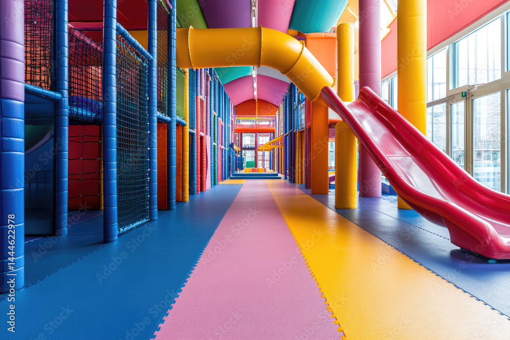 a vibrant and colorful indoor playground featuring exciting slides,climbing structures,interactive play areas,designed for children fun and adventure family-friendly shopping center,banner,copy space