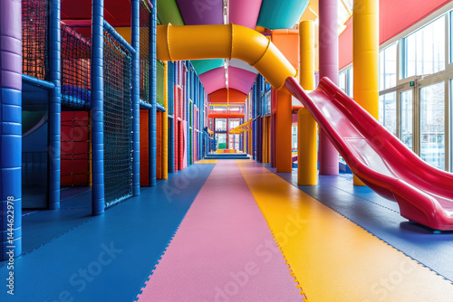 Obraz na płótnie a vibrant and colorful indoor playground featuring exciting slides,climbing structures,interactive play areas,designed for children fun and adventure family-friendly shopping center,banner,copy space w salonie