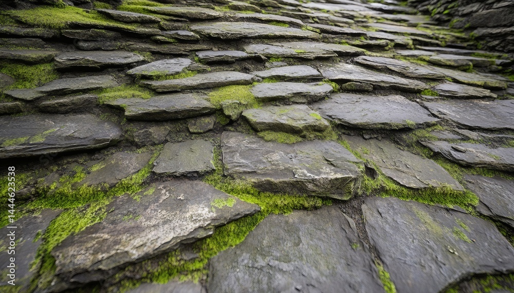 Close-up view of moss-covered stone pavement.