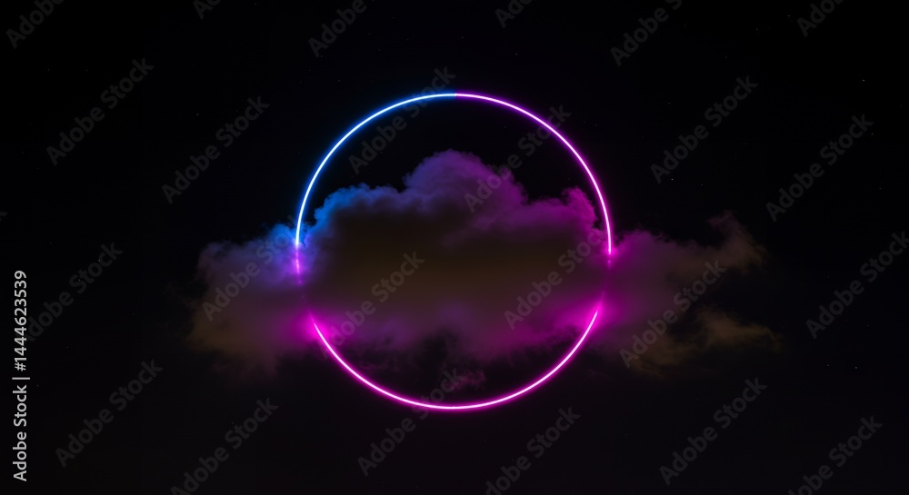 Obraz premium Stunning neon circle glowing over a dark cloud in a night sky with stars, creating a vibrant and futuristic abstract design with blue and pink colors.