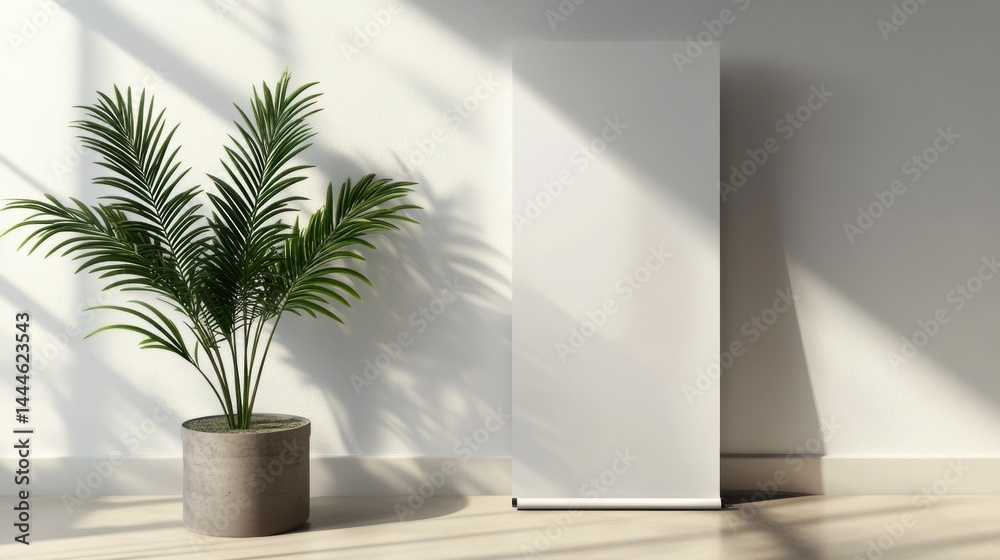Blank roll-up banner mock-up in a minimalist room with a potted plant and sunlight. Blank roll-up banner mock-up in a minimalist room with a potted plant and sunlight.