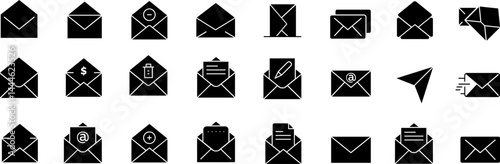 Mail icon set. email icon vector. E-mail icon. Envelope illustration. Black emails vector icon pack
