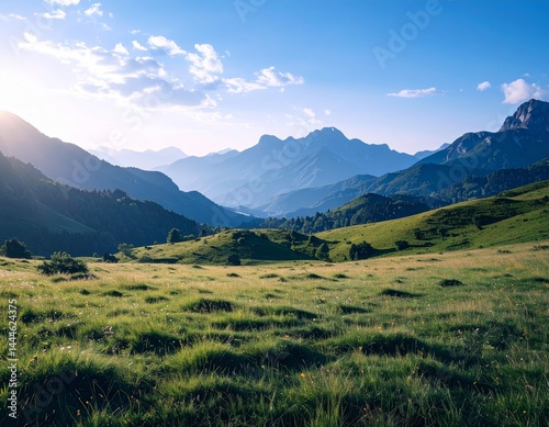 Nature grass meadow in the alps, mountain range in background