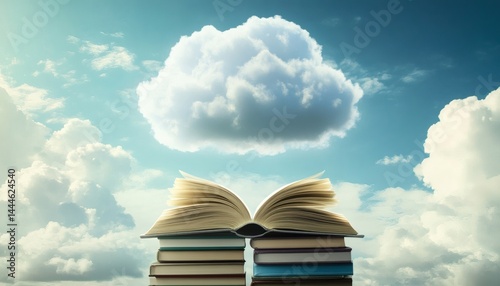 Obraz na płótnie Open book resting on stack of books, cloud above, sky background. w salonie