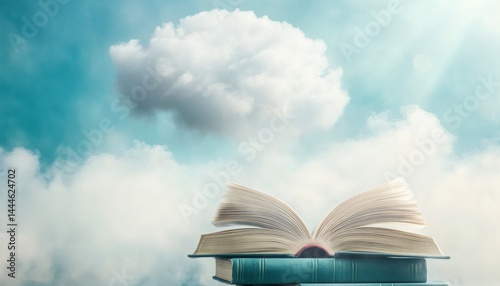 Open book resting on books against a backdrop of clouds and sky.