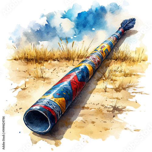 Didgeridoo With Tribal Designs, watercolor vector, isolated on a white background.