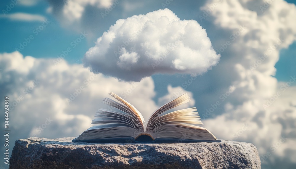 Open book resting on rock against a cloudy sky.