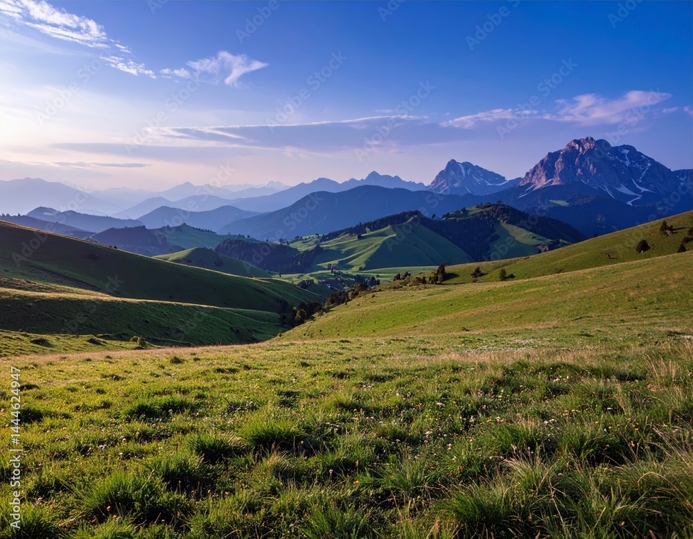 Obraz premium Nature grass meadow in the alps, mountain range in background
