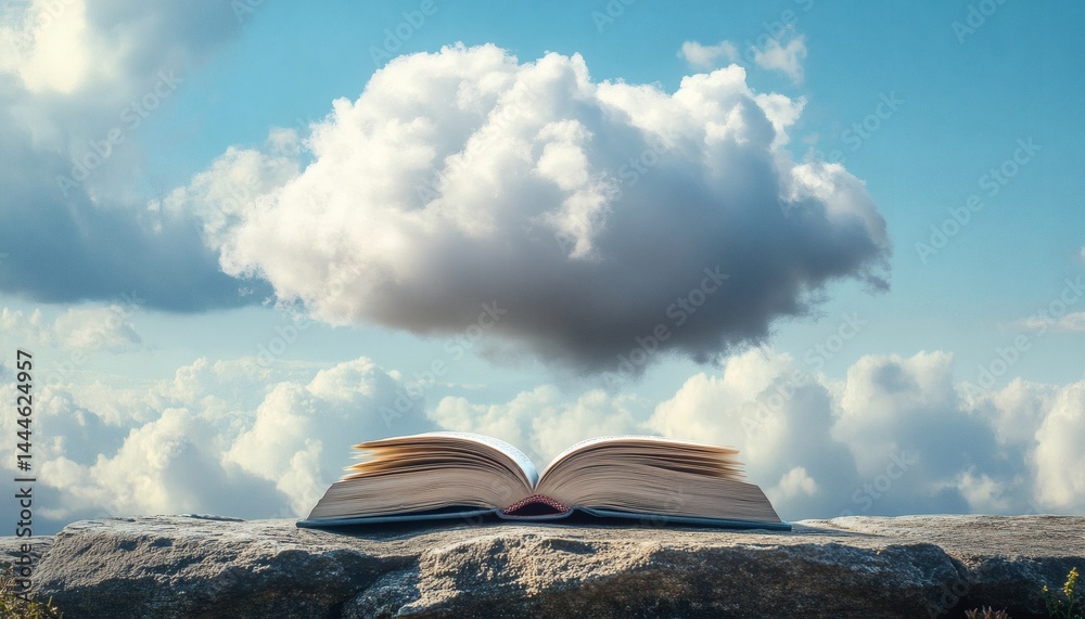Open book resting on a rock, beneath a fluffy cloud.
