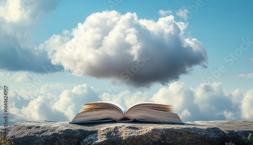 Obraz na płótnie Open book resting on a rock, beneath a fluffy cloud. w salonie