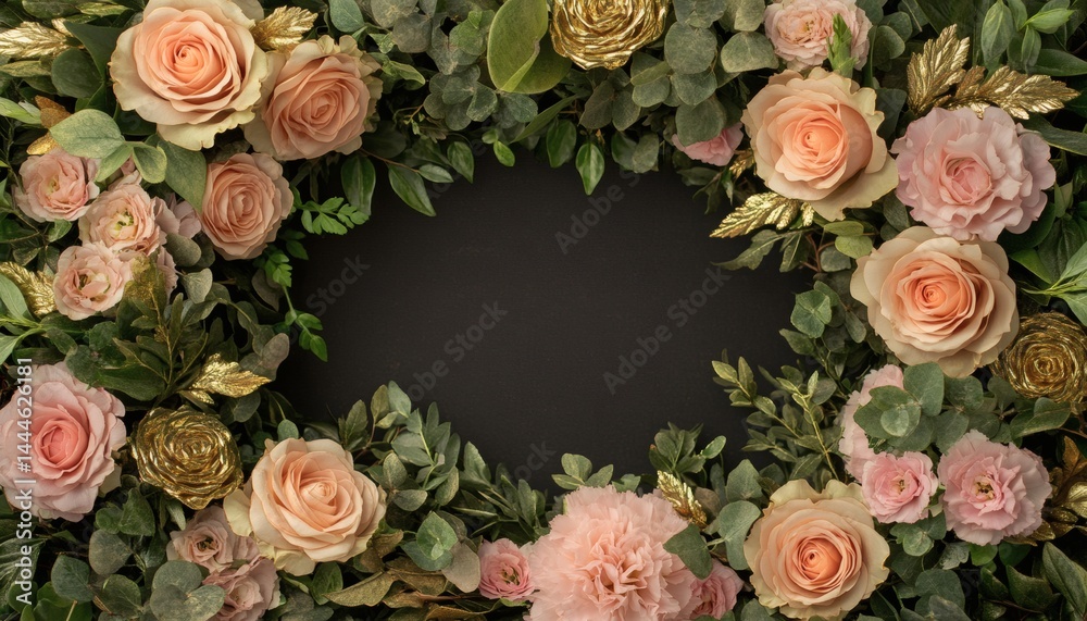 Delicate floral arrangement framing a dark backdrop.