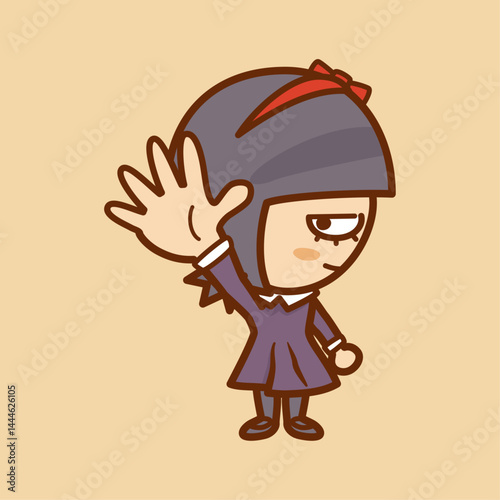 ５本の指を立て手を突き上げる横顔の女の子のイラスト／じゃんけんのパー／Illustration of a profile of a girl pointing up with five fingers