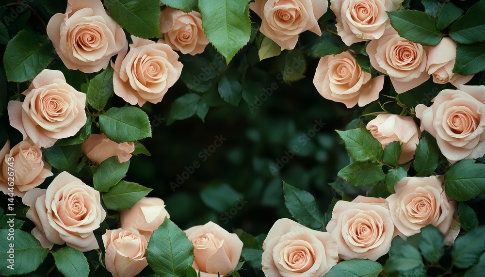 Delicate peach roses in a circular floral arrangement.