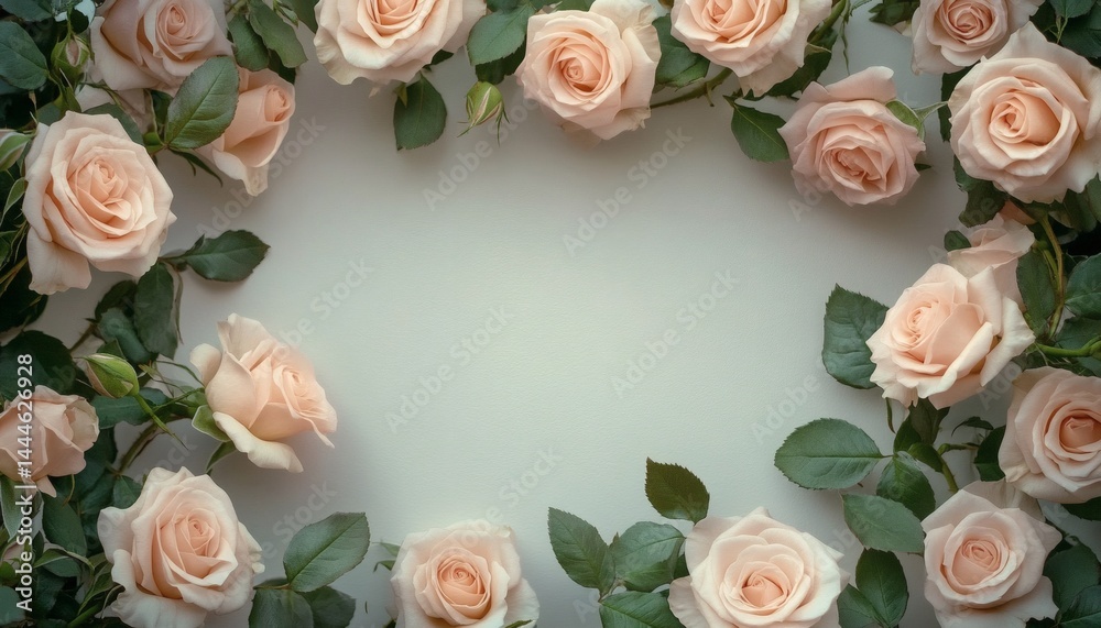 Elegant peachy roses frame a pale background in a floral design.